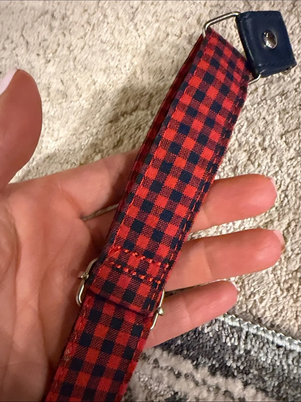 Red and Black Plaid Suspenders with Navy Leather Trim